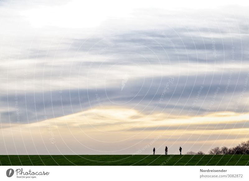 on the dyke Tourism Trip Hiking Human being Group Nature Landscape Elements Sky Clouds Grass Bushes Coast North Sea Baltic Sea Walking Infinity Calm Identity