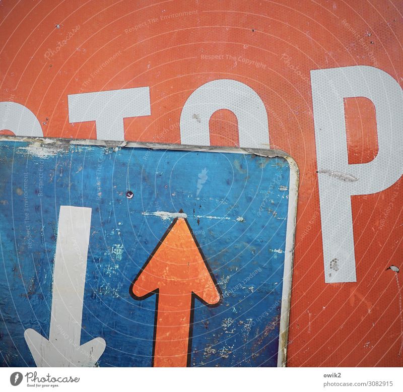 When it pops, another meter Metal Sign Characters Signage Warning sign Road sign Arrow Old Town Blue Red White Stop sign Yield sign Claw mark Ravages of time