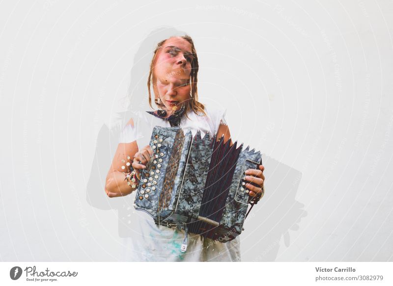 Double Exposure picture of a young woman playing the accordion Lifestyle Exotic Joy Leisure and hobbies Human being Feminine Young woman Youth (Young adults)