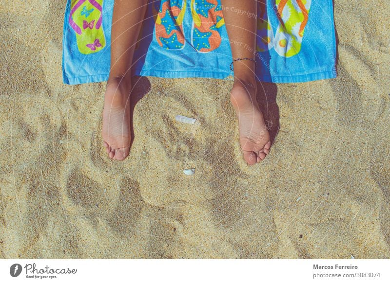 feet of a person lying on a towel on the beach, top view Lifestyle Relaxation Vacation & Travel Summer Summer vacation Sun Beach Feminine Girl Young woman