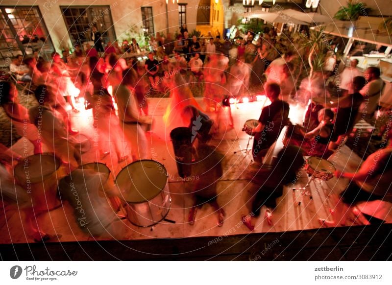 Drumming session in the Grauer Hof Evening aschersleben Movement Motion blur Dark Dynamics grey courtyard Night Samba dancer Dance Dance event Drummer Techno