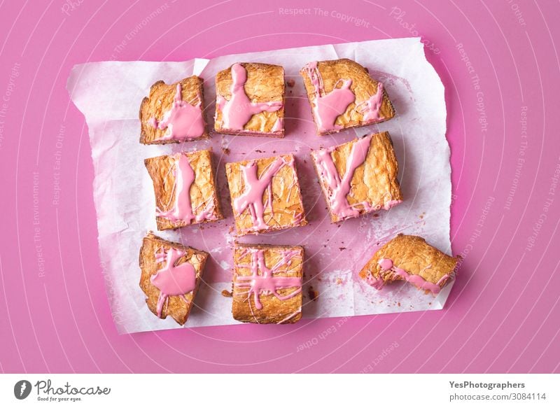 Ruby chocolate brownie in slices on pink background Cake Dessert Candy Chocolate Eating Happy Positive Pink Red White Tradition above view Baking Bakery