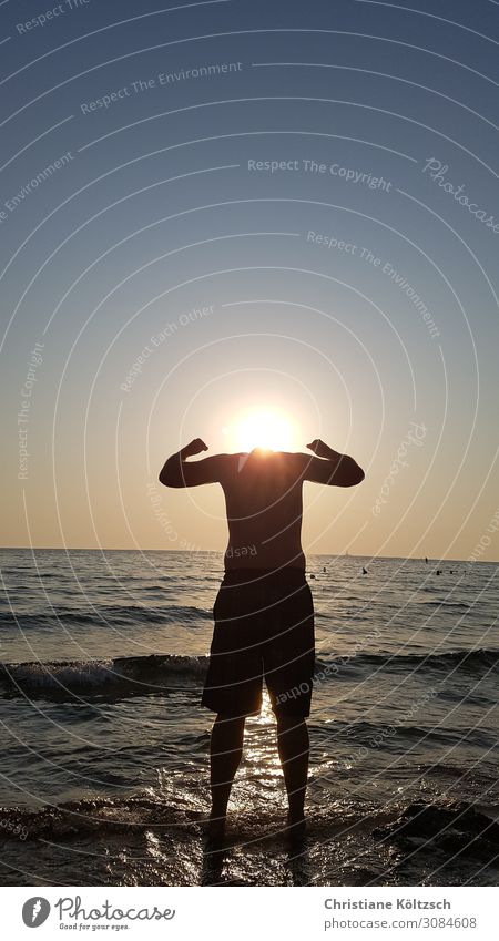 Headless towards the sun Human being Masculine Man Adults Partner Body 1 30 - 45 years Water Sky Cloudless sky Sun Sunrise Sunset Summer Beautiful weather Waves