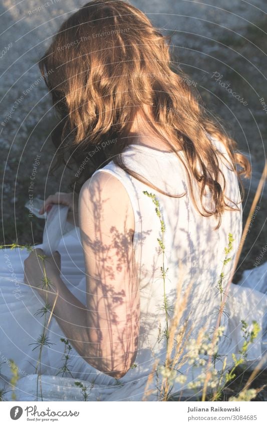 Girl in white dress sitting in nature Beautiful Well-being Contentment Senses Relaxation Calm Summer Sun Feminine Young woman Youth (Young adults) Life