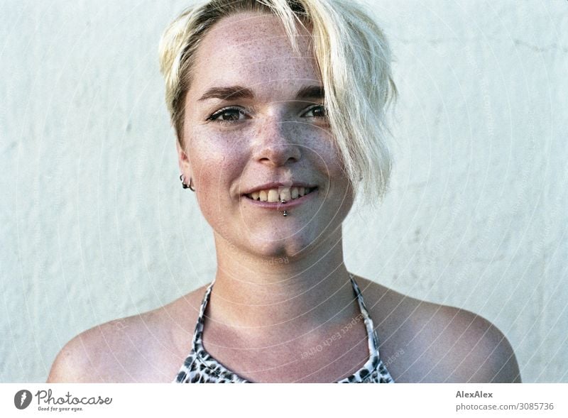 Portrait of young smiling woman with freckles and dimples Joy pretty Life Harmonious Young woman Youth (Young adults) Face Freckles 18 - 30 years Adults