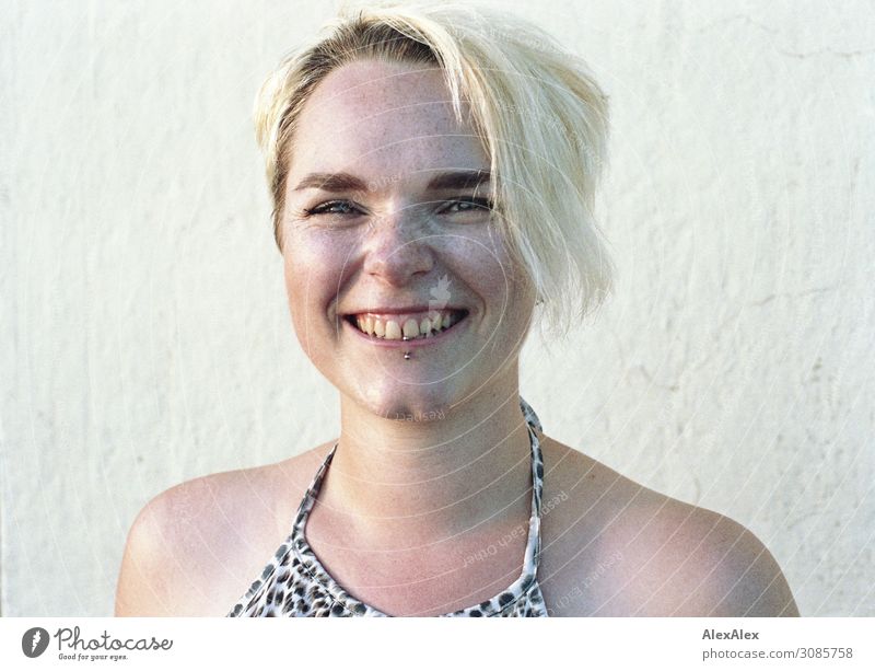 Portrait of smiling young woman with freckles and dimples Lifestyle Joy pretty Freckles pit Young woman Youth (Young adults) Face 18 - 30 years Adults Summer