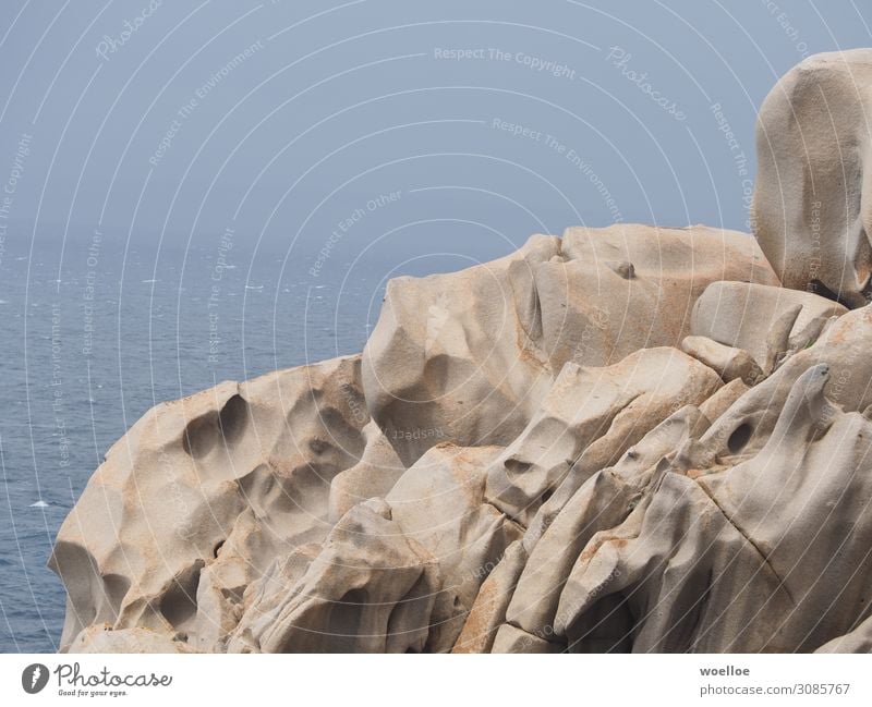 Capo Testa Rock Ocean Mediterranean sea Island Italy Sardinia Europe Blue Brown Gray Colour photo Subdued colour Exterior shot Deserted Copy Space left