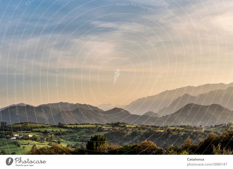 Evening atmosphere in the mountains in November Sky Nature Dusk Sunset Moody Day daylight Horizon Landscape Clouds meadows Building trees Shadow Autumn Blue