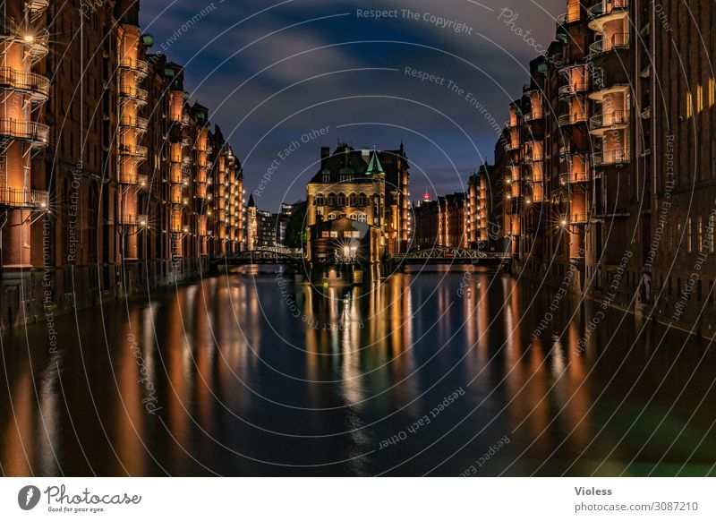 Moated castle Hamburg Speicherstadt II Night life Maritime Historic Esthetic Architecture Harbour Red Attraction City Harbor city Illuminate Illumination bridge