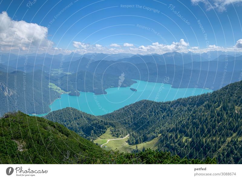 far vision Landscape Water Sky Clouds Summer Forest Mountain Alps Peak Lake Lake Walchen Far-off places Gigantic Large Infinity Tall Blue Green White Moody