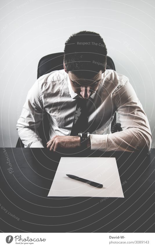 Man in front of an empty sheet - looking at the clock Business flaked Piece of paper Empty test blackout office School black out Unknowing time pressure Fear