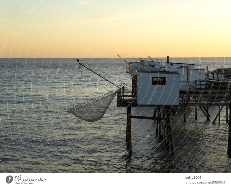 Evening atmosphere at the fishing huts Fishermans hut stilts lake dwellings Ocean coast Fishing net Small Sunset Sunrise Horizon Fishery Fishing village