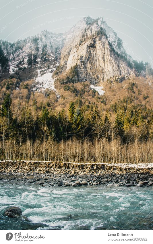 Voralberg landscape in winter Austria Alps Landscape River mountain river Fog Mountain Sky Clouds Nature Exterior shot Colour photo Snow Winter