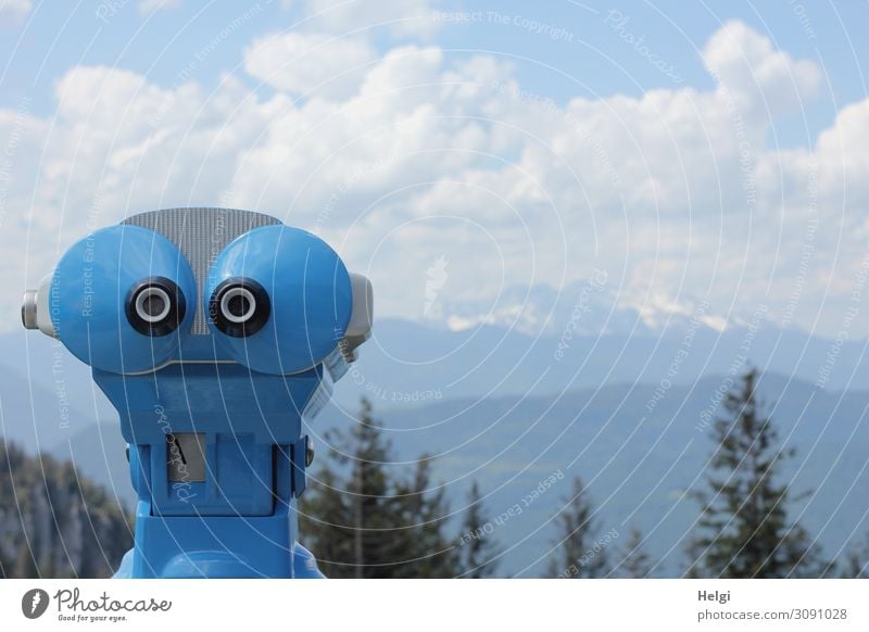 Telescope, which looks like a face, stands at a lookout point in the mountains Environment Nature Landscape Plant Sky Clouds Summer Beautiful weather Tree Alps