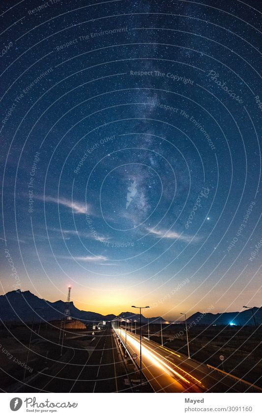 Lonely road beneath the stars Nature Landscape Earth Sand Air Sky Night sky Stars Horizon Solar eclipse Lunar eclipse Summer Climate change Weather