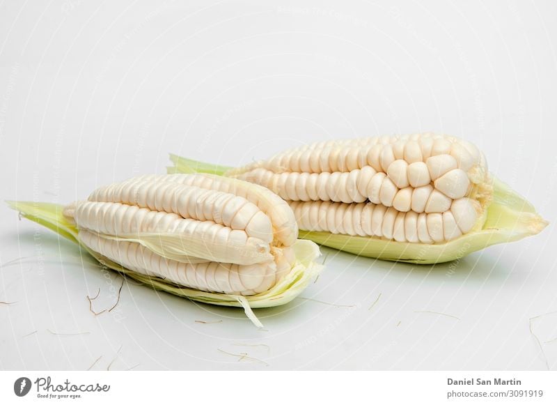 choclo, giant white corn. On a white background Vegetable Nutrition Diet Life Leaf Fresh Yellow Gold Green White food Ingredients Maize whole grain healthy