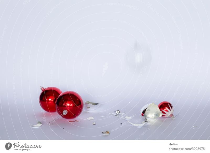 Broken red and silver Christmas tree balls Winter Christmas & Advent Sphere To fall Red Silver White Disaster Threat Risk Tradition Destruction Arranged