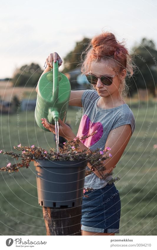 Teenage girl helping to water the flowers growing in flower pot, pouring water from green watering can, working in backyard at sunset. Candid people, real moments, authentic situations