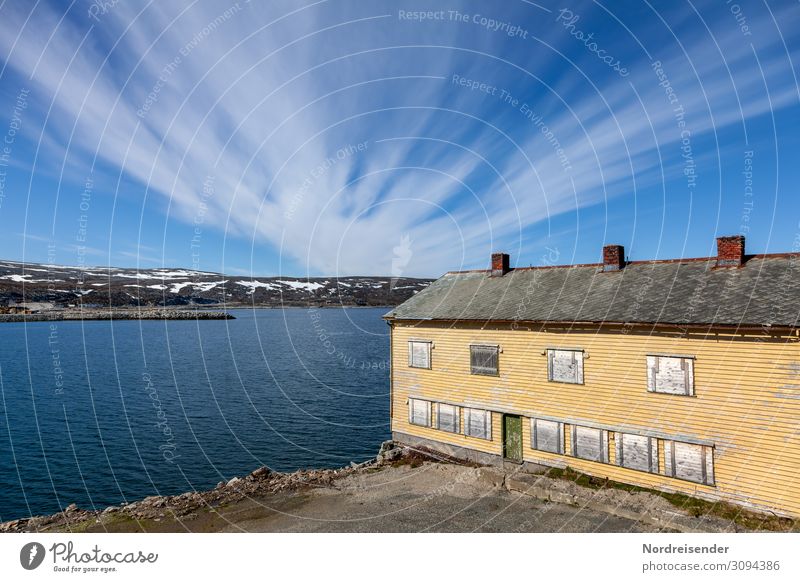 Warehouse in Kjøllefjord Vacation & Travel Tourism Far-off places Ocean Nature Landscape Sky Clouds Beautiful weather Mountain Coast Fjord Small Town Outskirts