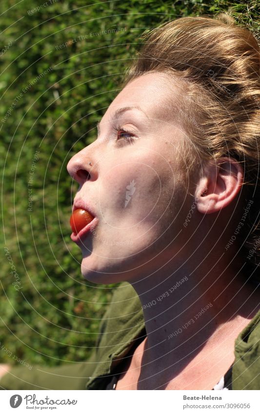 Cherry bunch - young woman with a cherry in her mouth at the long distance shooting competition Woman Young woman Cherry harvest Cherry Flood cheerful game