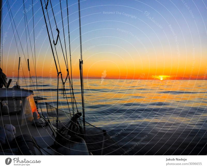 Sunset Over the Atlantic Environment Nature Water Cloudless sky Horizon Sunrise Sunlight Summer Beautiful weather Ocean Atlantic Ocean Navigation Boating trip