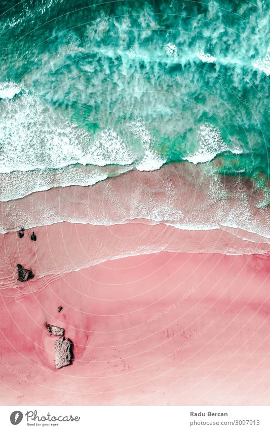 Aerial View Of Ocean Waves And Beautiful Pink Sandy Beach Shore Environment Nature Landscape Water Summer Beautiful weather Coast Island Discover