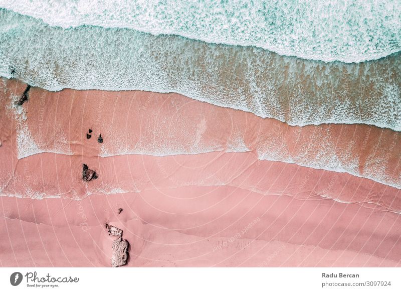 Aerial View Of Ocean Waves And Beautiful Pink Sandy Beach Shore Environment Nature Landscape Water Summer Weather Beautiful weather Coast Island