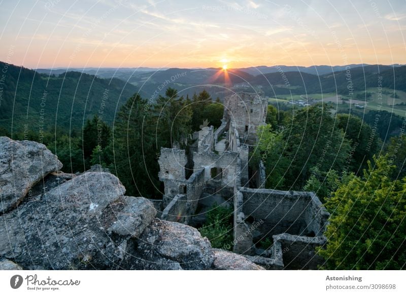 ruin at the last second Environment Nature Landscape Air Sky Horizon Sun Sunrise Sunset Sunlight Summer Weather Beautiful weather Plant Tree Field Forest Hill