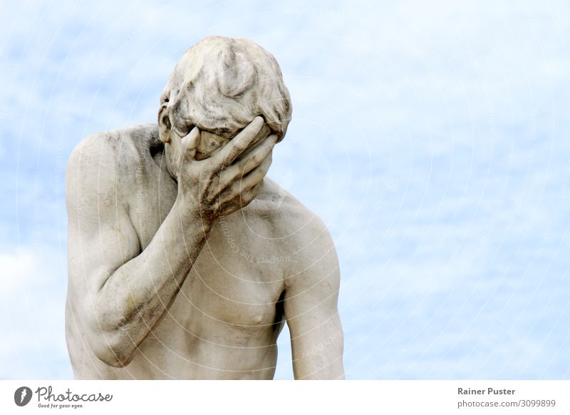 Facepalm - Statue holds a hand in front of the face Masculine Sky Monument Stone Sadness Concern weaker Shame Remorse Fear of the future Stress Distress