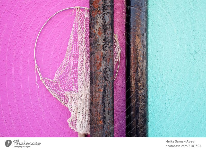 House facade with fishnet on the island of Burano Fishing (Angle) Fishery Italy Fishing village Wall (barrier) Wall (building) Facade Iron-pipe Conduit