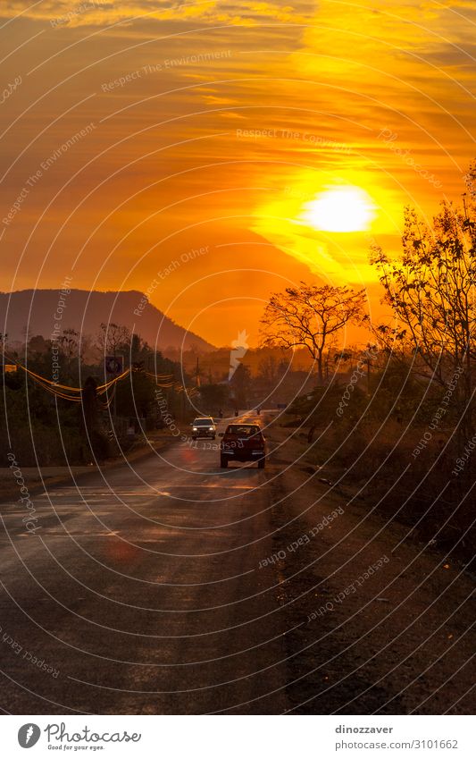 Car driving on scenic road in sunset, Laos Beautiful Vacation & Travel Trip Summer Sun Nature Landscape Sky Clouds Weather Tree Transport Street Vehicle Speed