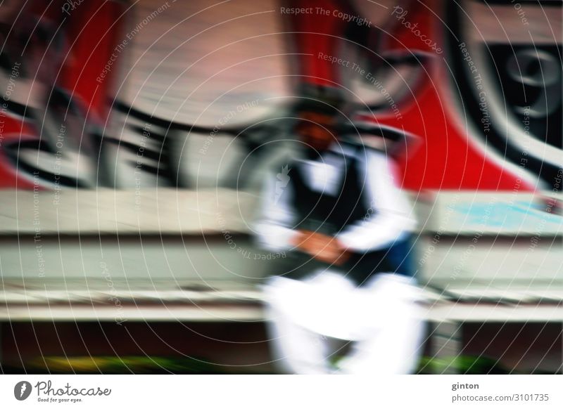 Colourful wall with believers on the platform Youth culture Hut Building Architecture Platform Sign Graffiti Sit Hip & trendy Moslem creditor Blur shelter