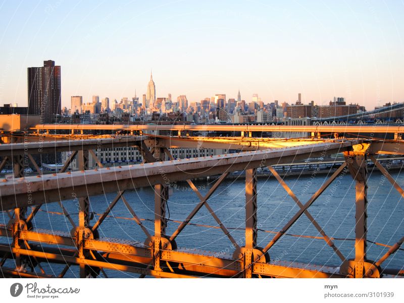 Skyline of Manhattan with Brooklyn Bridge in the evening sun Empire State building Rockefeller Center Evening sun Sun Sunlight New York City Vacation & Travel