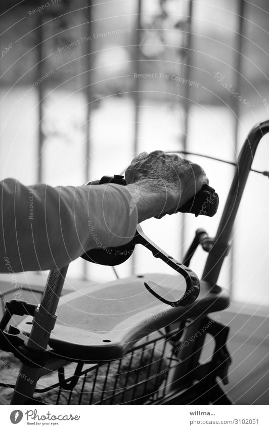 Hand of an old person on a walker Old Senior citizen Rollator age Retirement To hold on Hold Door handle rest Break reflection old age pension senior female