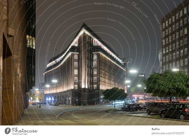 Chilehaus in Hamburg at night. chile house Facade Hanseatic City Office building Night Light overseas abroad Wall (building) rampart Window brick Brick