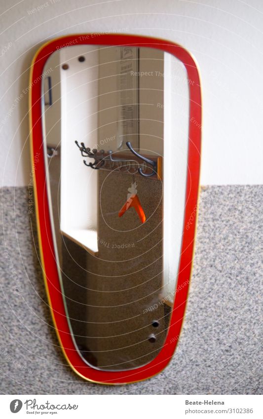 Retro look: empty wardrobe with red coat hanger in the red framed oblong oval mirror Dab of paint Hallway coat hook Hanger Mirror reflection Oval Old fashioned