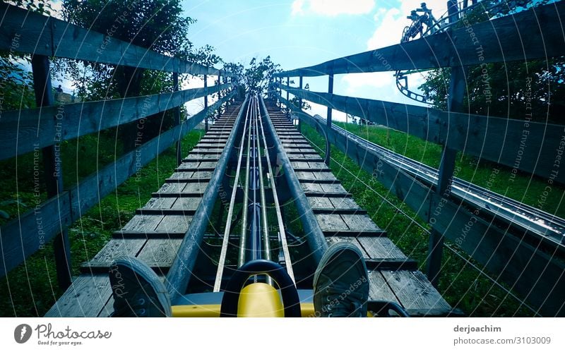 To the top of the summer toboggan run. You only see a pair of shoes. All green on the right and left. Masculine Adults Feet 1 Human being 45 - 60 years Plant