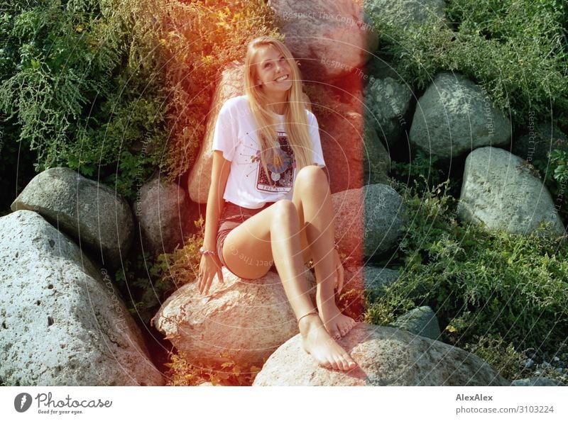 Analog portrait with lightleaks of a young woman on the beach Lifestyle Joy Beautiful Summer Summer vacation Young woman Youth (Young adults) Legs 18 - 30 years