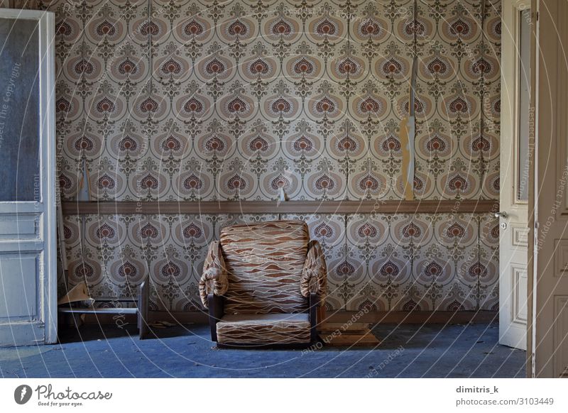 abandoned house living room House (Residential Structure) Furniture Chair Wallpaper Living room Architecture Faded Wait Dirty Retro Moody Loneliness Nostalgia