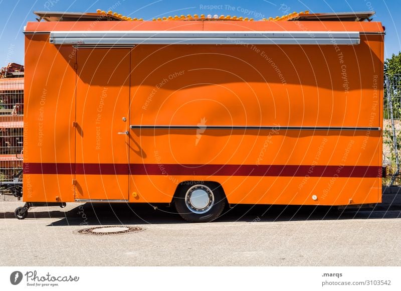 sausage stand Farmer's market Market stall Trade Cloudless sky Trailer Stalls and stands Stripe Orange Red Colour Closed Colour photo Exterior shot Deserted