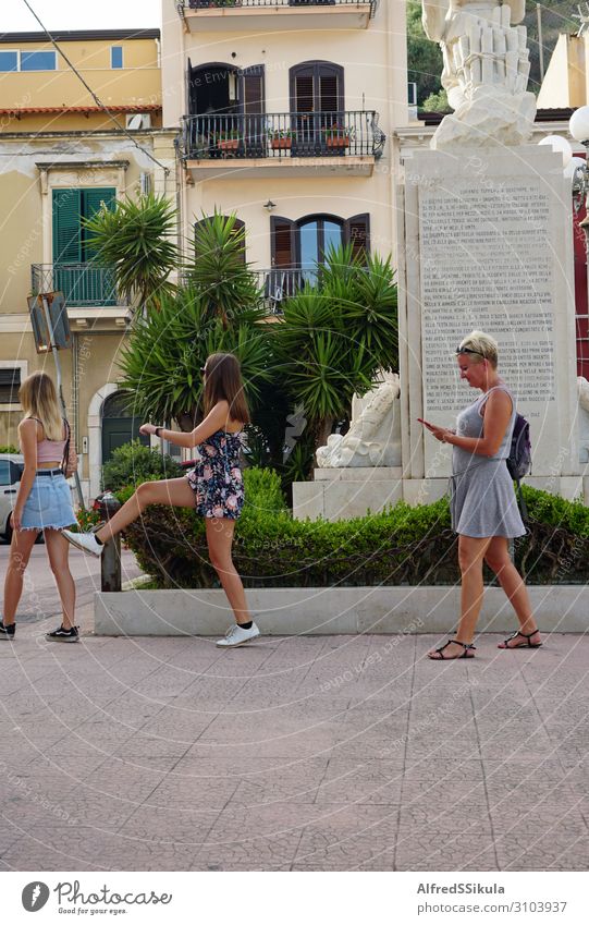 Two teenage girls and one adult woman walking Feminine whole body 3 Human being 13 - 18 years Youth (Young adults) 30 - 45 years Adults Summer Plant Tree