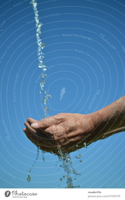 clean drinking water | valuable Cold drink Drinking water Life Contentment Hand Water Sky Cleaning Fresh Wet Blue Thirst Expectation Pure Flow overflow Heaven