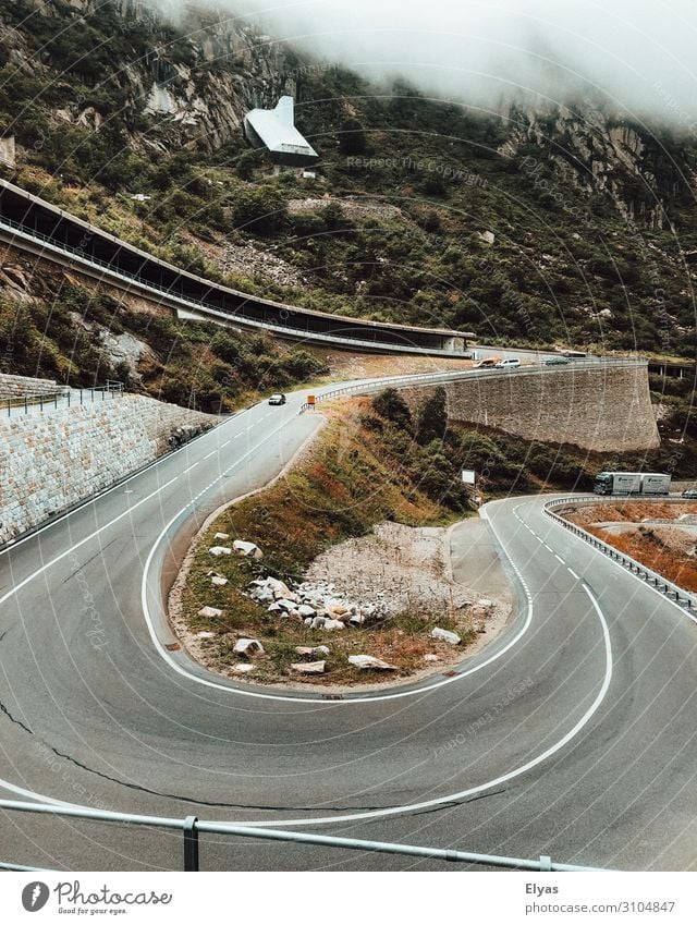 Furka Pass, Swiss, road Trip Adventure Far-off places Cycling tour Mountain Hiking Nature Landscape Air Clouds Autumn Bushes Forest Rock Alps Transport