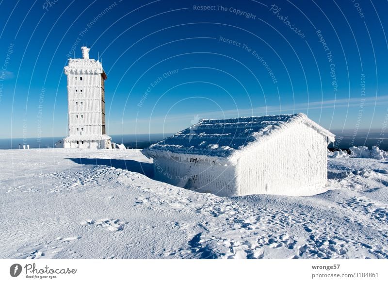 Brocken summit in winter IV Landscape Sky Winter Beautiful weather Ice Frost Snow Mountain Peak Snowcapped peak Tall Cold Blue White Harz Snowscape