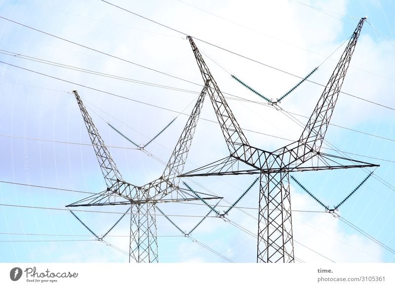 Seilschaften (V) Technology Energy industry Electricity pylon Transmission lines High voltage power line Sky Clouds Beautiful weather Line Together Endurance