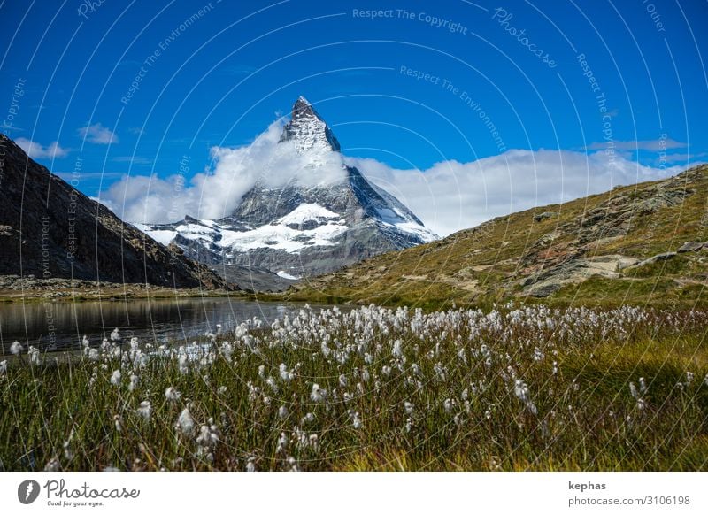 Riffel lake with Matterhorn Environment Nature Landscape Plant Sky Summer Meadow Rock Alps Mountain Peak Snowcapped peak Exceptional Gigantic Large Point Strong