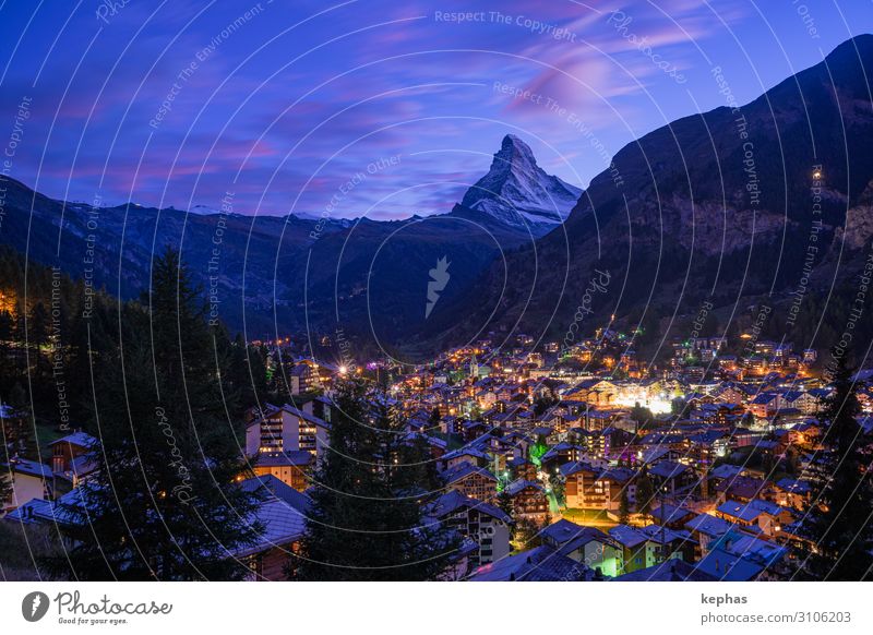 Blue hour @ Matterhorn Hiking Mountaineering Sky Sunrise Sunset Alps Canton Wallis Peak Snowcapped peak Zermatt Switzerland Europe Village Tourist Attraction