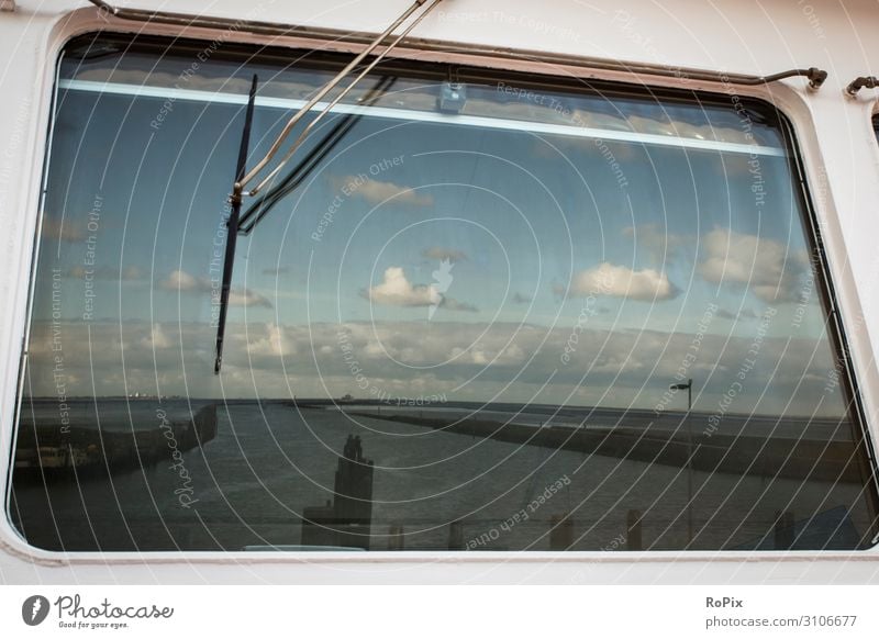 Reflection of the North Sea in the window of a ferry. boat ship Coast Ocean sea ocean Tide tides Summer Scotland coast mare steep coast Rock Fishing boat