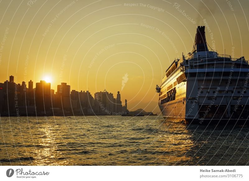 Sunset with view to Hong Kong Island Vacation & Travel Tourism City trip Cruise Water Sky Waves Coast Ocean Hongkong Capital city Port City Skyline Harbour