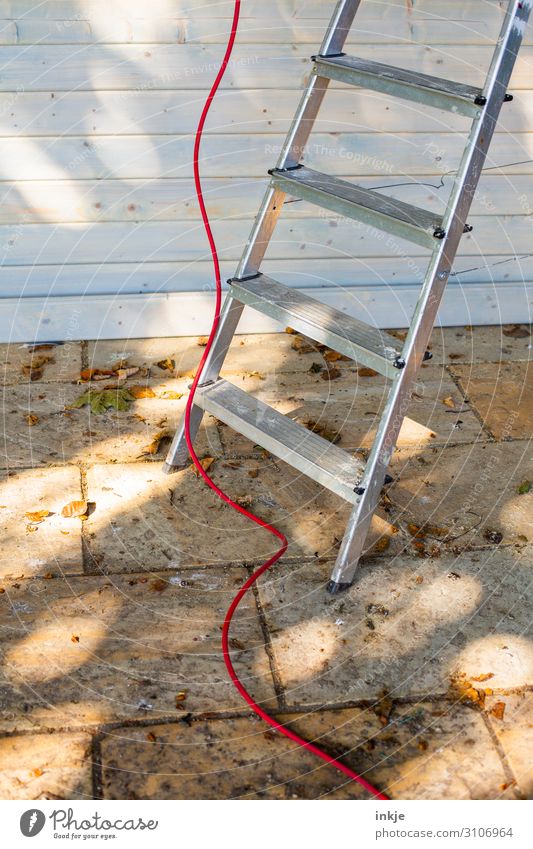 roof works Construction site Cable Ladder Deserted Facade Terrace Tile Authentic Dirty Red Above Under Work and employment Metal Level Colour photo